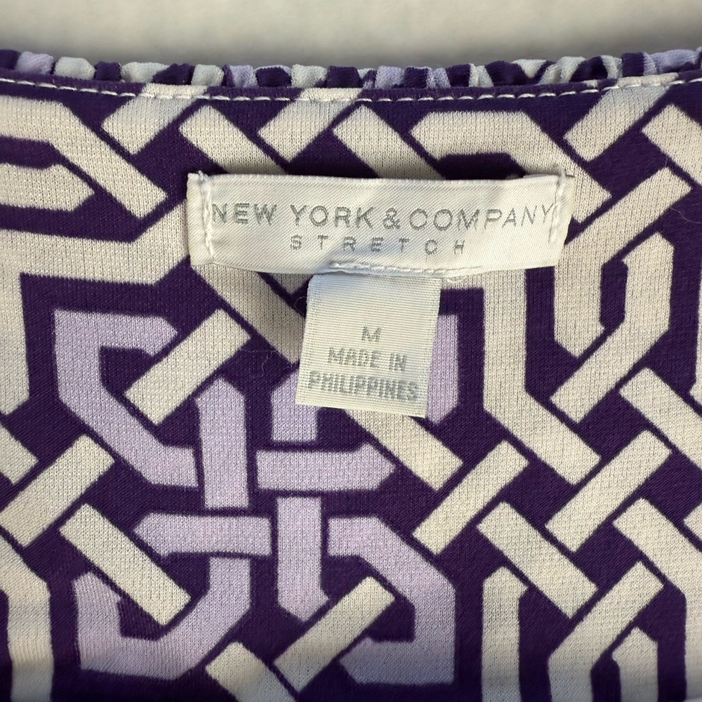 New York & Company Purple Greek Key Geometric Smocked Maxi Dress V Neck Medium - Picture 6 of 10